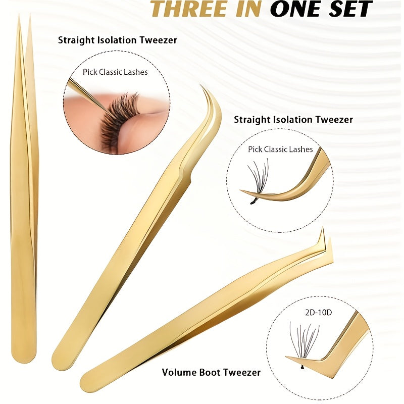 High Precision Eyelash Tweezers Set - Includes 3 Stainless Steel Eyelash Tweezers, Suitable For Classic Personal And Thick Eyelash Extensions. Equipped With Storage Box